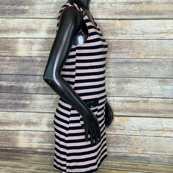 Monteau Navy Blue & Tan Striped Sailor Dress Women's Size Medium Mini Sleeveless - Picture 3 of 6